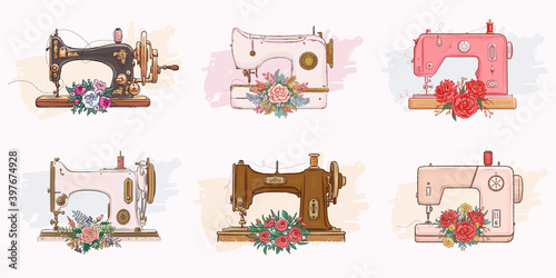 Set of hand drawn sewing machines and flowers