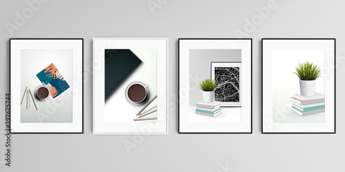 Realistic vector set of picture frames in A4 format isolated on gray background. Home office concept, study or freelance, working from home.