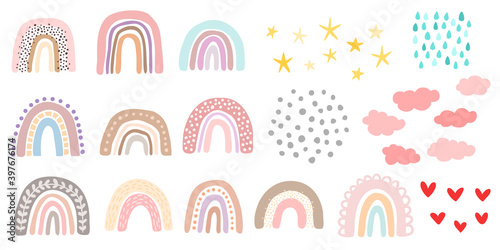 Vector rainbow set, isolated on white background. Cute hand drawn rainbows, clouds, stars, raindrops, hearts and dots.