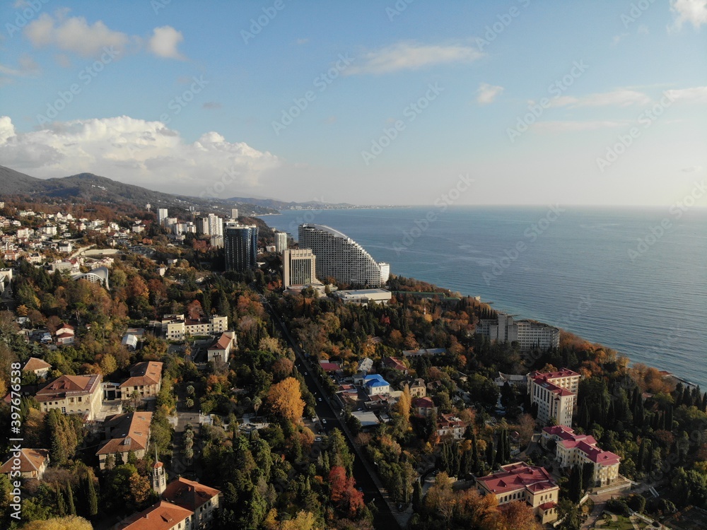 Aerial view of a residential area near the Black Sea. Sochi landscape.