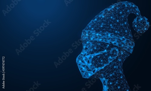 People in a winter hat and a mask on his face. The rule of being in public places during a pandemic in the cold season. Polygonal construction of concatenated lines and points. Blue background.