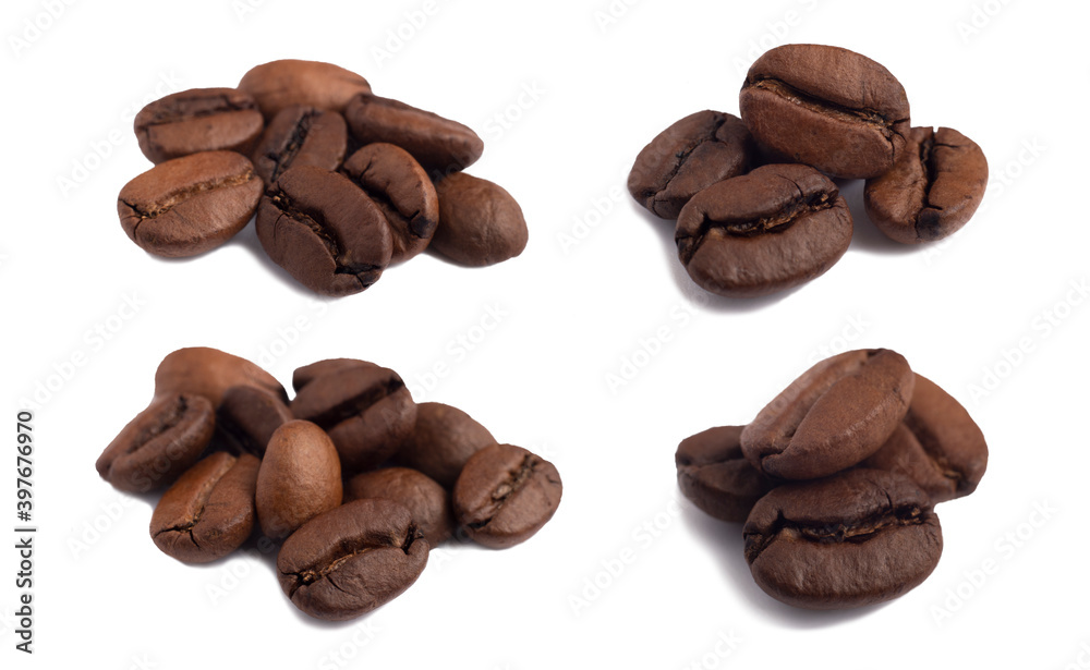 Various options for piles of several roasted arabica coffee beans side view with a large bokeh in daylight, macrophotography
