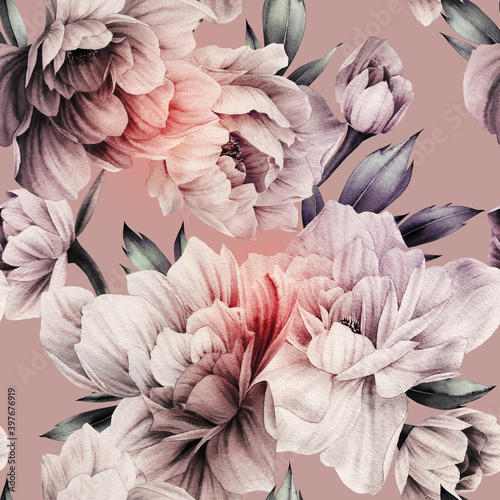 Seamless floral pattern with peonies flowers on summer background, watercolor illustration. Template design for textiles, interior, clothes, wallpaper