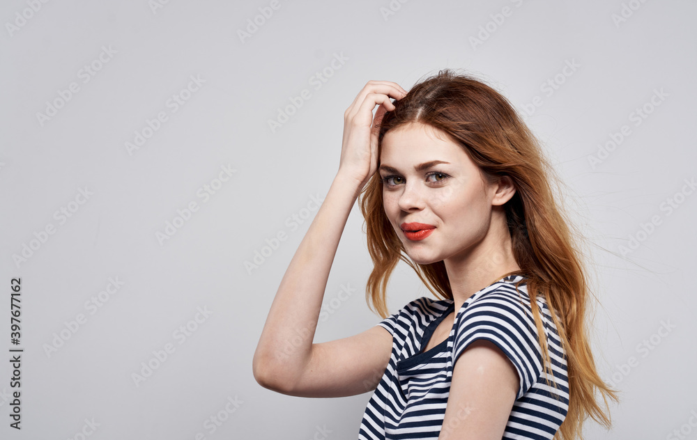 pretty woman striped t-shirt attractive look luxury glamor model