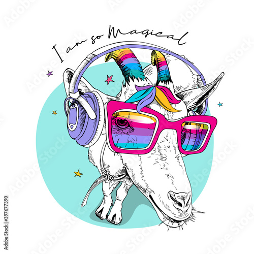 Fun Goat in a unicorn mask: rainbow glasses, colored horns and in a headphones. I am so Magical - lettering quote. Humor card, t-shirt composition, hand drawn style print. Vector illustration.