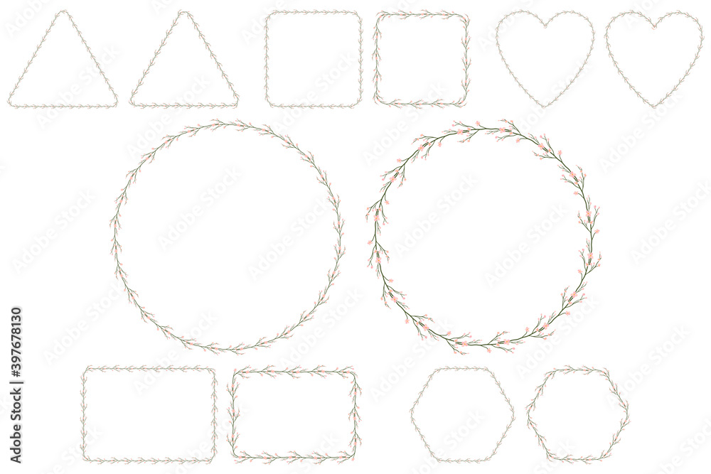 Simple branch with pink flower frame in beautiful style. Spring wedding invitation. Rose cherry blossom, vector design isolated. Six shapes wreath. Simple branch with pink flower frame in beautiful style. Spring wedding invitation. Rose cherry blossom, vector design isolated. Six shapes wreath.