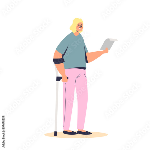 Young girl standing on crutch hold disability allowance documents
