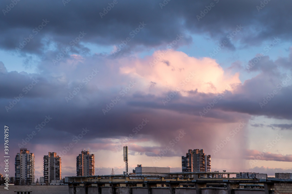 Heavy clouds of rain above Vilnius cityscape