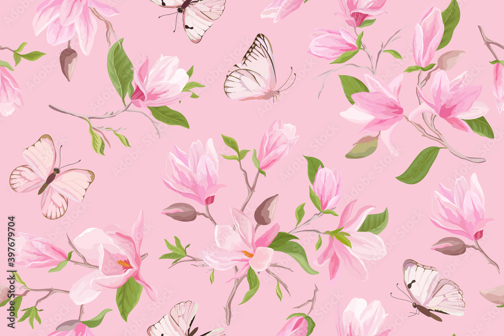 Fotografie Watercolor magnolia floral seamless vector pattern