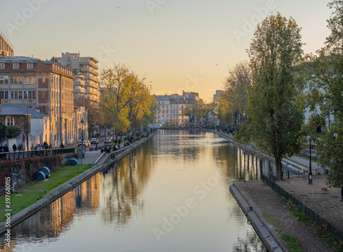 Paris, France - 12 28 2019: View of Canal Saint-Martin at sunset