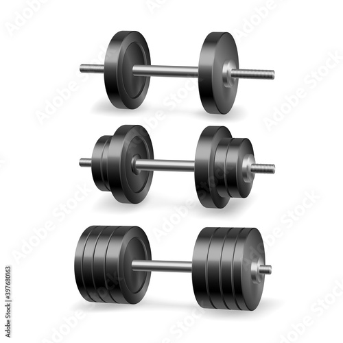Barbells set. Realistic dumbbells on white background. Fitness gym and bodybuilding weight equipment