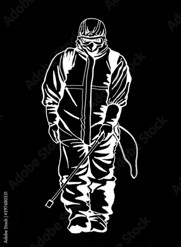 Graphical hand-drawn man sanitizer in protective suit isolated on black background, covid-19, illustration