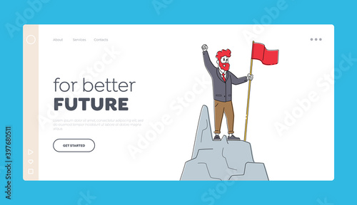 Leadership, Goal Achievement Landing Page Template. Business Man Character with Red Flag Waving Hand Standing on Top