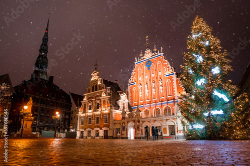 Photography Panorama Of Town Hall Square, Popular Place With Famous Landmarks On It In Bright Evening Illumination In Winter Twilight