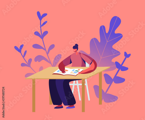 Female Philatelist Sitting at Table Watching Album with Philately Stamps. Woman Collecting Postal Stamps, Philately