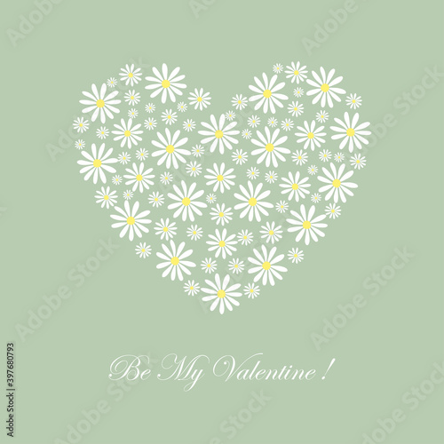 Vector image of a heart made from chamomile flowers. Congratulations on Valentine's Day. Template for postcards, flyers, banners.