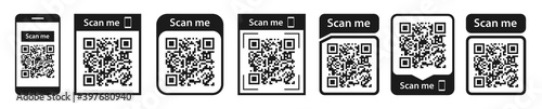 QR code set. Scan qr code icon. Template scan me Qr code for smartphone. QR code for mobile app, payment and phone. Vector illustration.