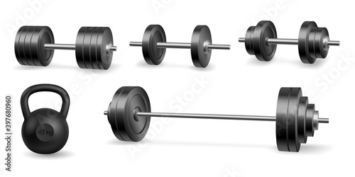 Dumbbells barbells and weight fitness and bodybuilding equipment realistic isolated