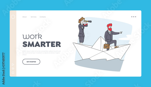 Business People Riding Ship on Sea Wave Landing Page Template. Businesspeople on Paper Boat Sailing. Characters Floating