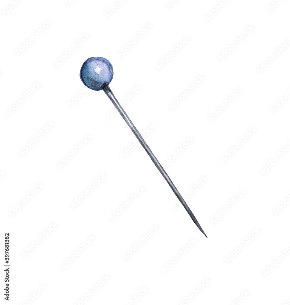 One sewing pin isolated on a white background. Watercolor. One sewing pin isolated on a white background. Watercolor.