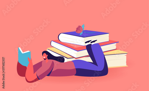 Female Character Reading Literature Lying near Huge Books Pile. Young Woman Student or Bookworm Spend Time in Library