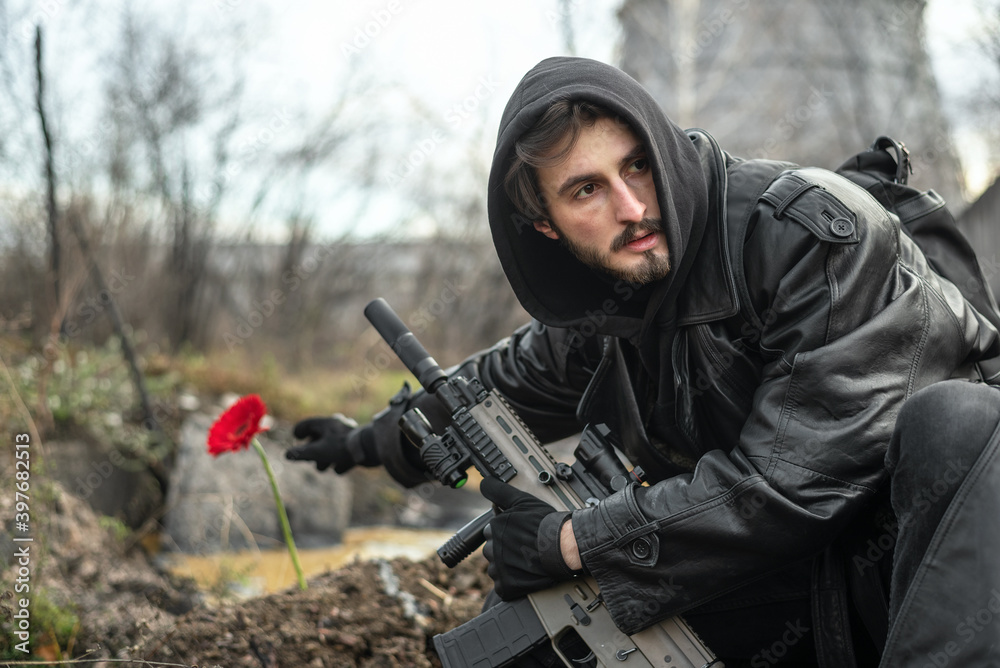 Post apocalypse soldier with a rifle concept.