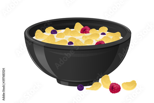 Breakfast with Cereals, Berries and Milk in Black Realistic Ceramic Bowl, Healthy Food, Dairy Source of Calcium Concept