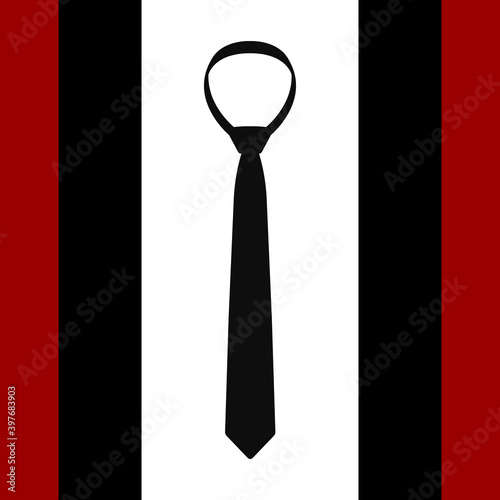 Simple tie sign. Silhouette black tie on striped, red line background. Element of clothing. Symbol of Elegant clothes, dress code, office style, business work. Suit accessory icon. Vector illustration