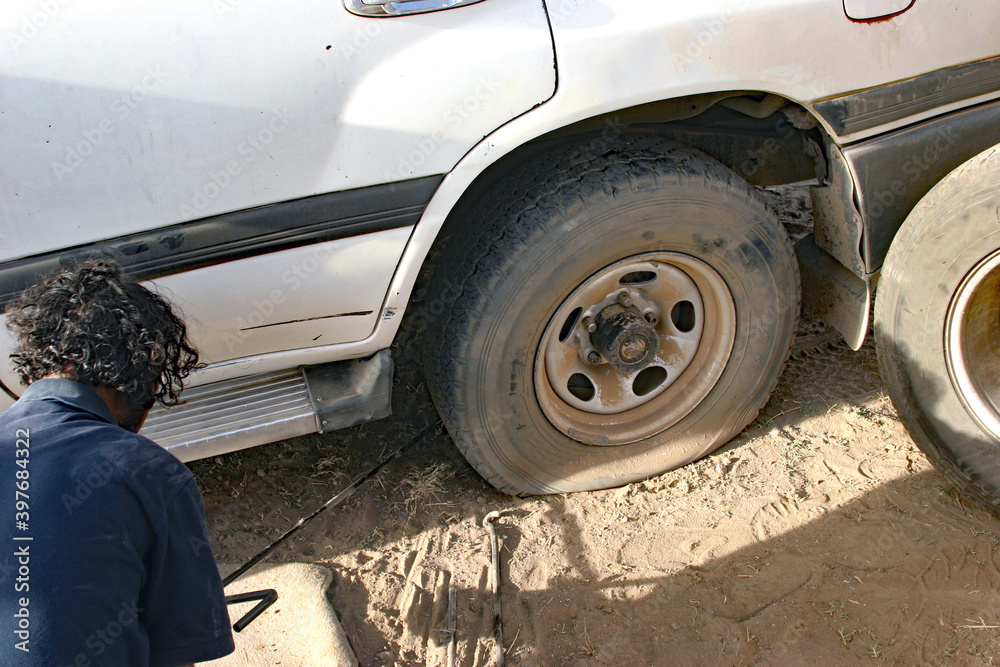 Tyre change on dirt road