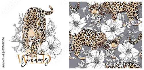 Set of print and seamless wallpaper pattern. Graceful leopard and exotic flowers, leaf and herbs. Wild Dreams - lettering quote. Textile composition, hand drawn style print. Vector illustration.