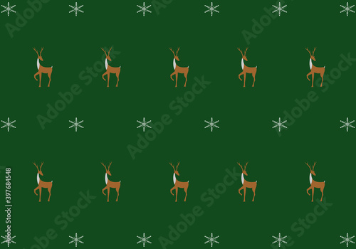 Decoración Navideña de renos y copos de nieve sobre fondo verde