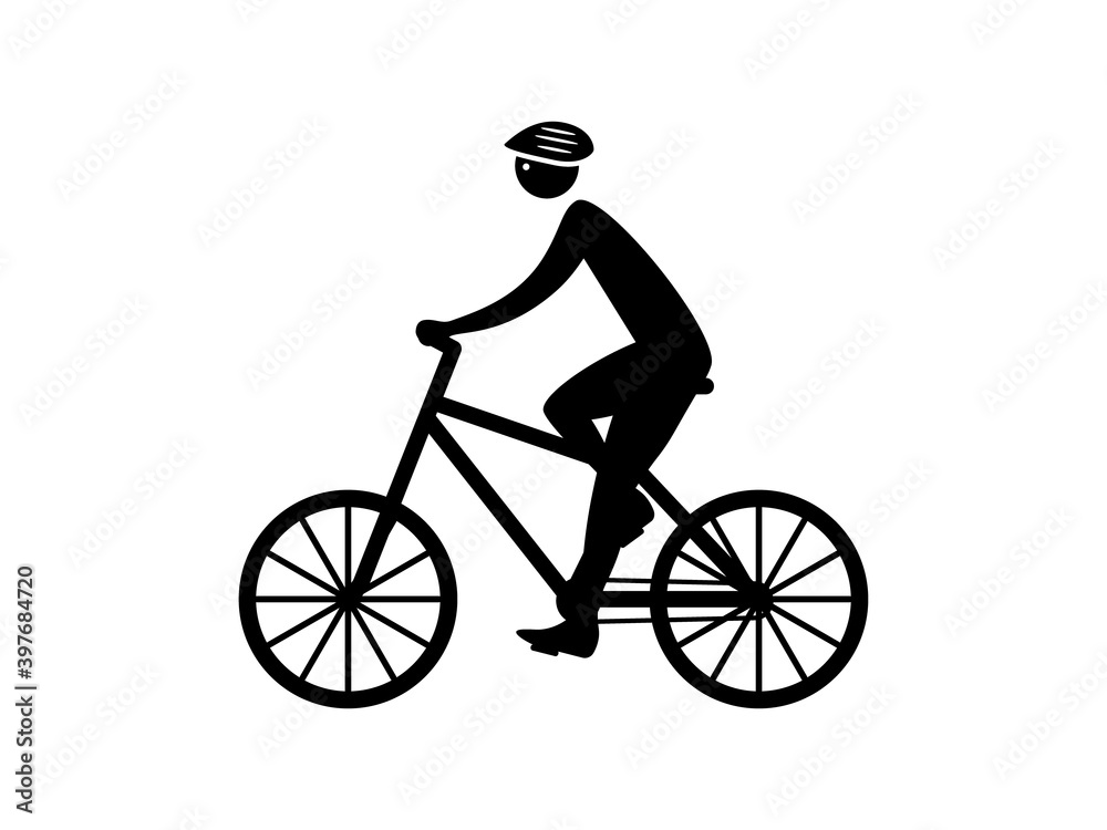 Cyclist on walk icon. Black abstract character in helmet travels on road bike tires active sports and tourist trips out town high speed adventures and delivery work healthy vector lifestyle. Cyclist on walk icon. Black abstract character in helmet travels on road bike tires active sports and tourist trips out town high speed adventures and delivery work healthy vector lifestyle.
