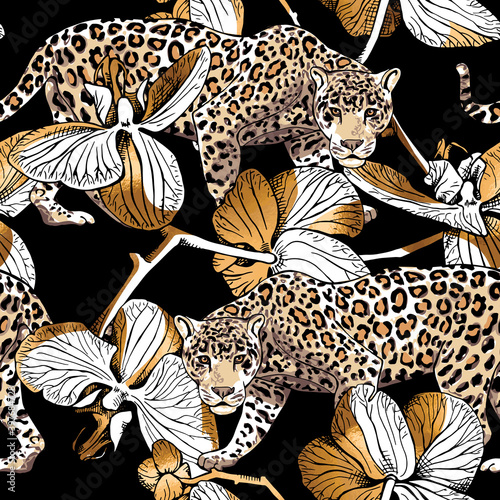 Seamless floral pattern. Gold Jaguar and Orchid flowers on a black background. Textile composition, hand drawn style print. Vector illustration.