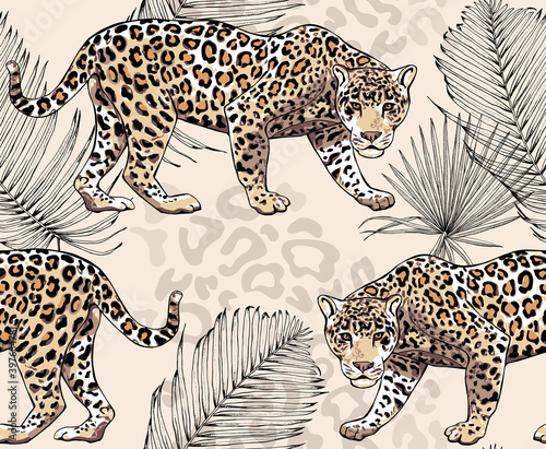 Seamless pattern with a different wild leopards, palm leaves and spots of skin on a beige background. Textile composition, hand drawn style print. Vector illustration.