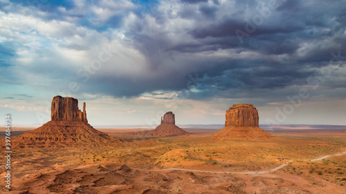 Landscape of the monument valley, USA, with dark dramatic clouds on the background