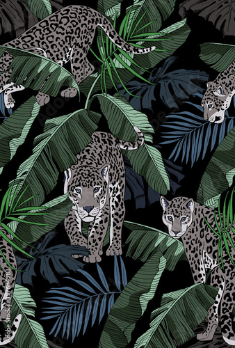 Camouflage Seamless pattern. Leopards and a Tropical banana, exotic palm leaves. Textile composition, hand drawn style print. Vector illustration.