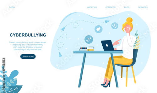 Female character is being cyberbullied. Concept of online harassment with unfriendly mean messages. Violence and abuse in social network. Website, web page, landing page template. Vector illustration