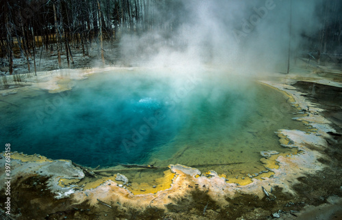 Volcanic basin with debris in Yellowstone National Park