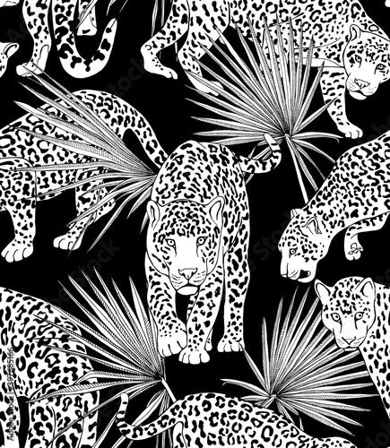 Seamless pattern. Jaguars and a Tropical exotic palm leaves. Textile composition, hand drawn style print. Vector black and white illustration.