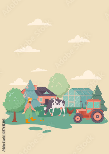 Caucasian farmer on the farm. Concept of happy village life with cow, chicken, trees, tractor and barn and greenhouse. Flat cartoon vector illustration