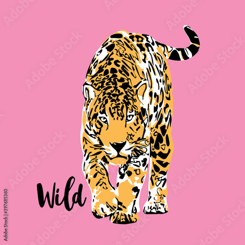 Graceful leopard on a pink background. Wild - lettering quote. Elegant poster, t-shirt composition, hand drawn style print. Vector illustration.