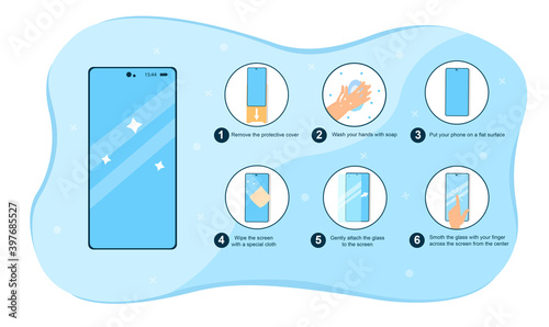 Instruction how to put a screen glass protector on the smartphon. Touchscreen safety. Manual for cellphone user. Flat cartoon vector illustration
