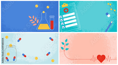 Medical banners set. Health care background templates collection. Colorful abstract vector illustrations for web. Pharmacy, medicine, medical checkup, cardiology concept