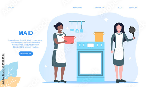 Two multiracial maids in a classic uniform cleaning house or hotel. Concept of online cleaning service that makes your apartment clean and fresh. Website, web page, landing page template