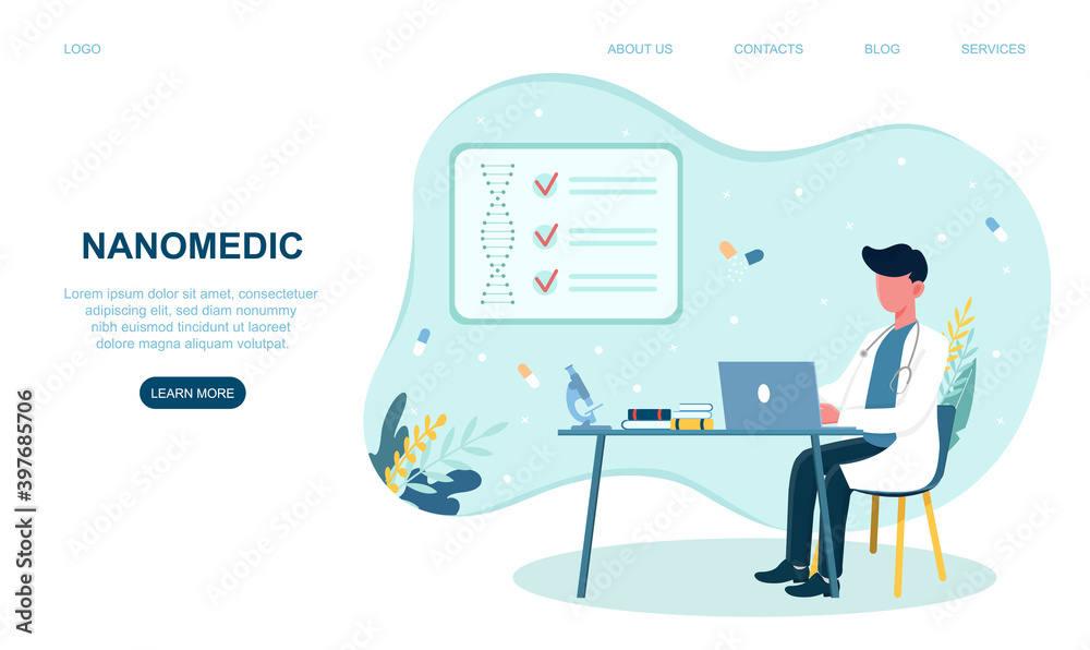 Caucasian nanomedic sitting by the table working on laptop. Concept of scientist work in labarotory on nanotechnology. Website, webpage, landing page template. Flat cartoon vector illustration