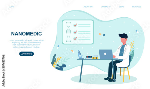 Caucasian nanomedic sitting by the table working on laptop. Concept of scientist work in labarotory on nanotechnology. Website, webpage, landing page template. Flat cartoon vector illustration