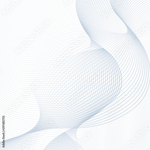 Twisted gray-blue waveforms on a white background. Radio, sound waves concept. Abstract technology line art design. Vector grid pattern. Futuristic industrial style. Squiggle thin curves. EPS10