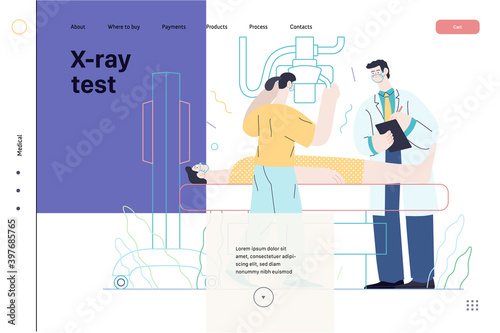 Medical tests template - x-ray test - modern flat vector concept digital illustration of x-ray procedure - a patient and doctors with a x-ray machine, medical office or laboratory