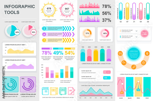 Bundle infographic UI, UX, KIT elements. Different charts, diagrams, workflow, flowchart, timeline, schemes, marketing icons, graphs and bars design template. Vector info graphic and infographics set.