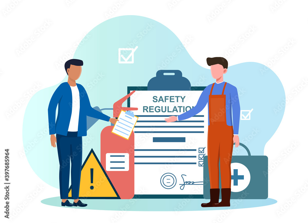 Occupational safety and health administration. Abstract concept of government public service worker protecting from health and safety hazards while at work. Flat cartoon vector illustration